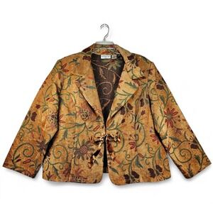 Samantha Lee Jacket Blazer Size 24 W Tapestry Floral Camel Brown Tie Front Close